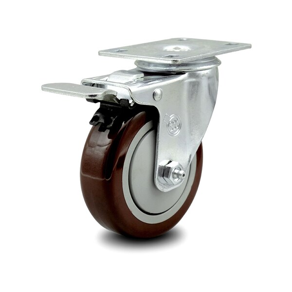 4 Inch Maroon Polyurethane Wheel Swivel Top Plate Caster with Total Lock Brake